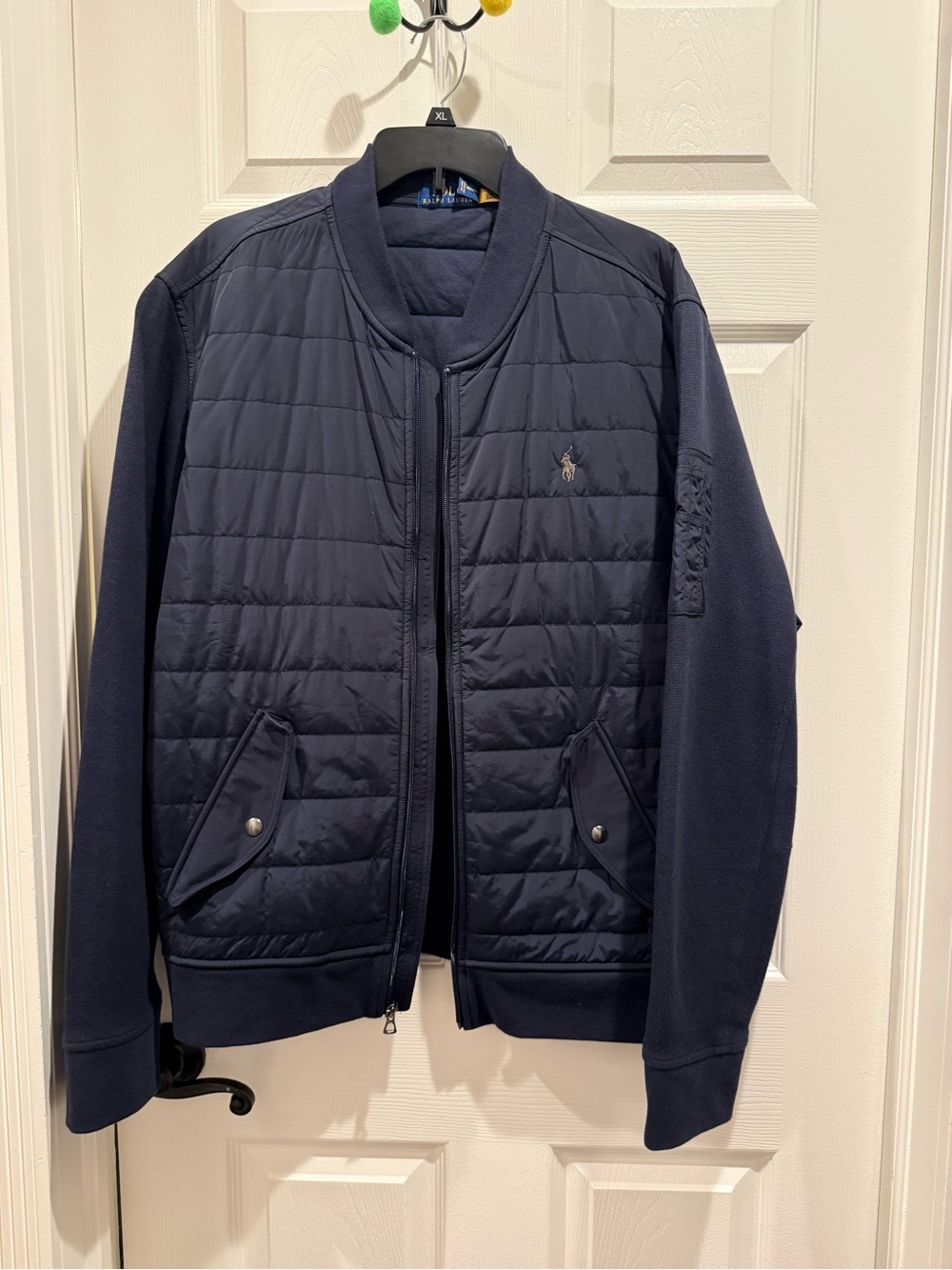 Ralph Lauren Navy Quilted Bomber Jacket with Knit Sleeves